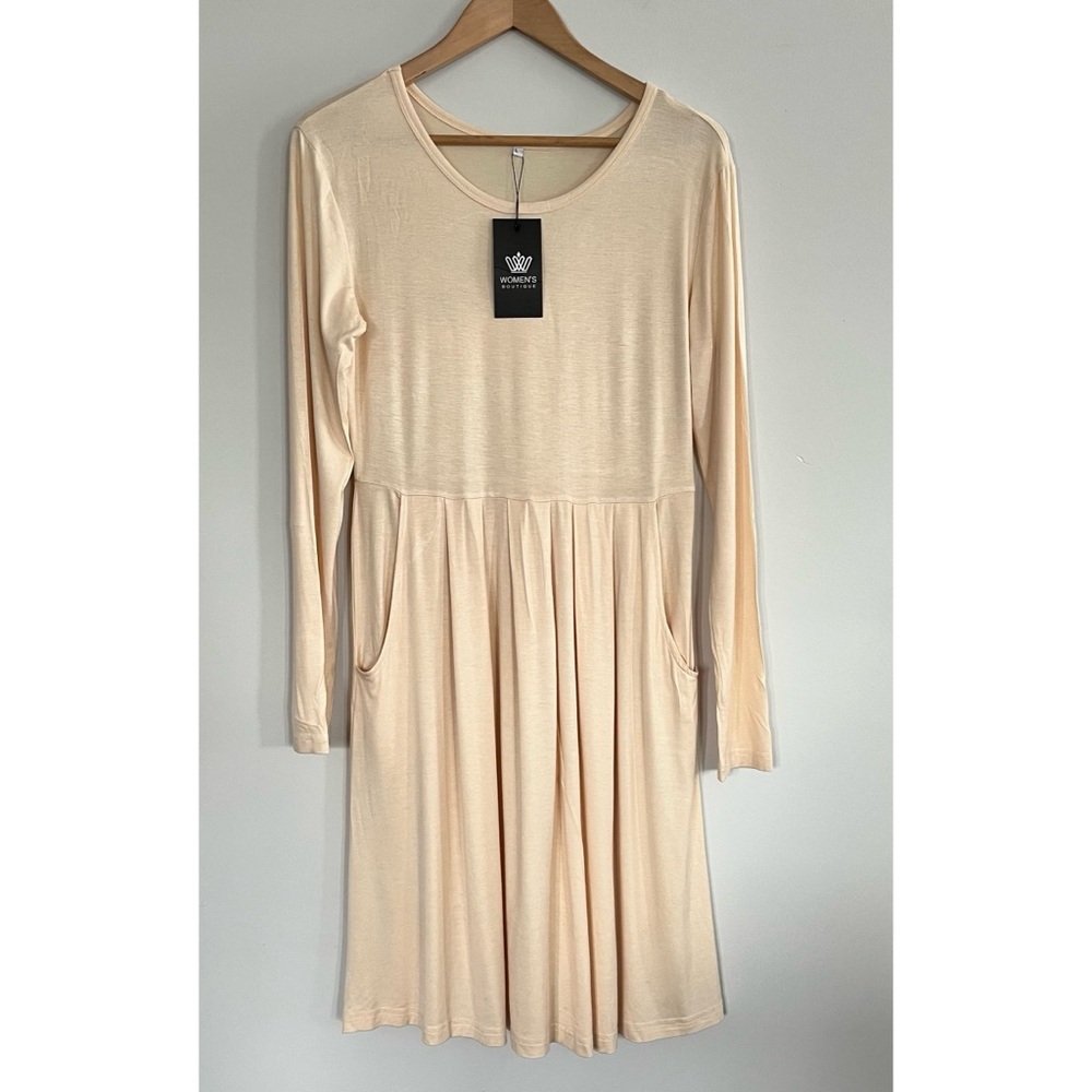 NWT Women’s Boutique Casual Loungewear Scoop Neck High Waisted Nude Cream Dress